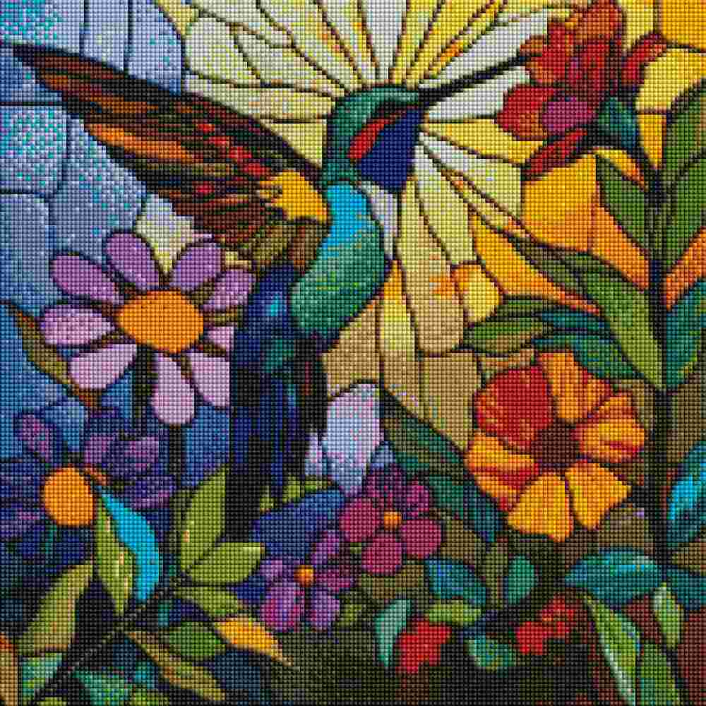 A colorful stained-glass-style artwork showing a hummingbird among flowers, with a sunburst background and a blue paneled section on the left. The image is filled edge to edge with the artwork, so the subject type is classified as Scenery. Sunlit Hummingbird Harmony - Diamond Painting
