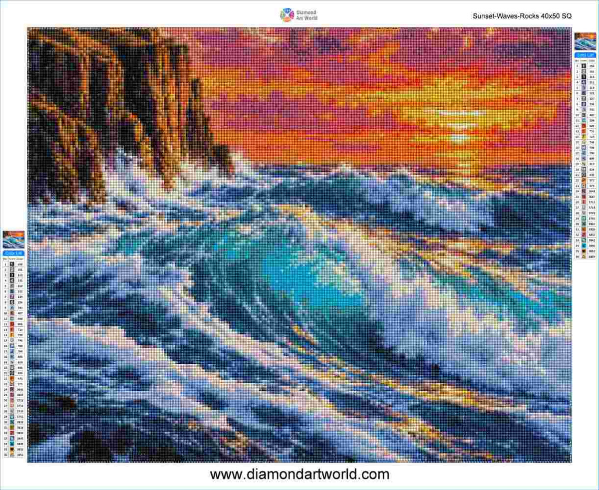 Sunset Waves Rocks - Diamond Painting Layout