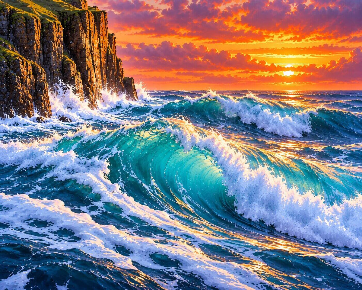 Sunset Waves Rocks - Diamond Painting
