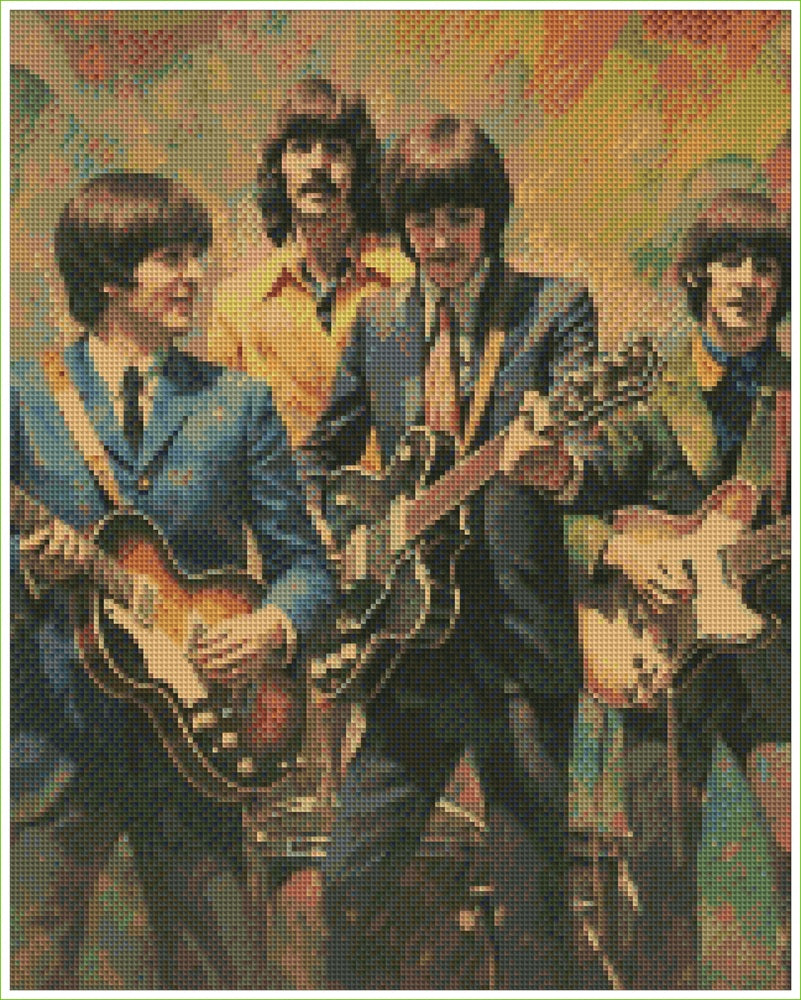 Diamond painting of a band The Beatles playing instruments with a colorful patterned background. The Beatles - Diamond Art World
