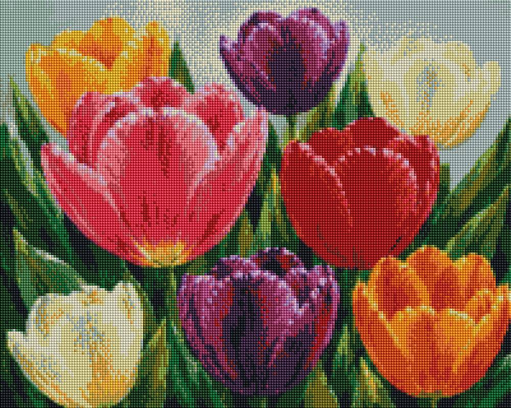 A colorful floral artwork showing a cluster of tulips in red, pink, purple, yellow, and orange with green leaves on a pale blue-gray background. Tulips Garden - Diamond Painting