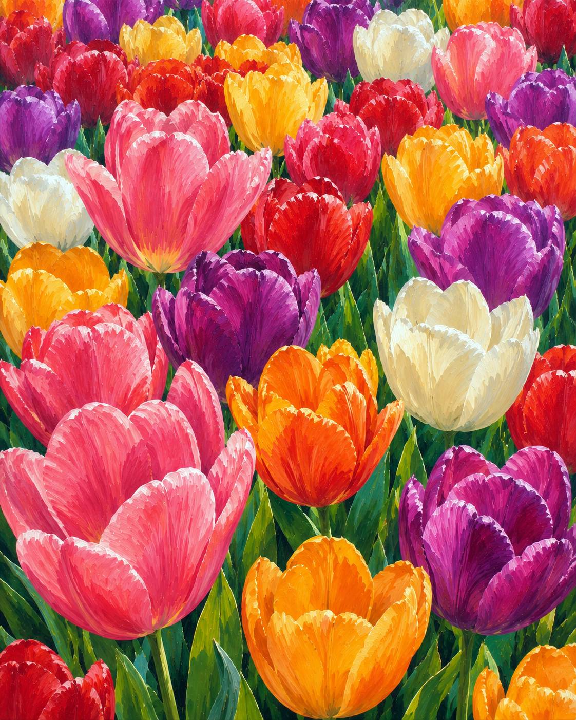 A vibrant painting of a tulip field with colorful flowers including pink, red, orange, purple, and white, set against a background of green leaves. Tulips Garden - Diamond Painting