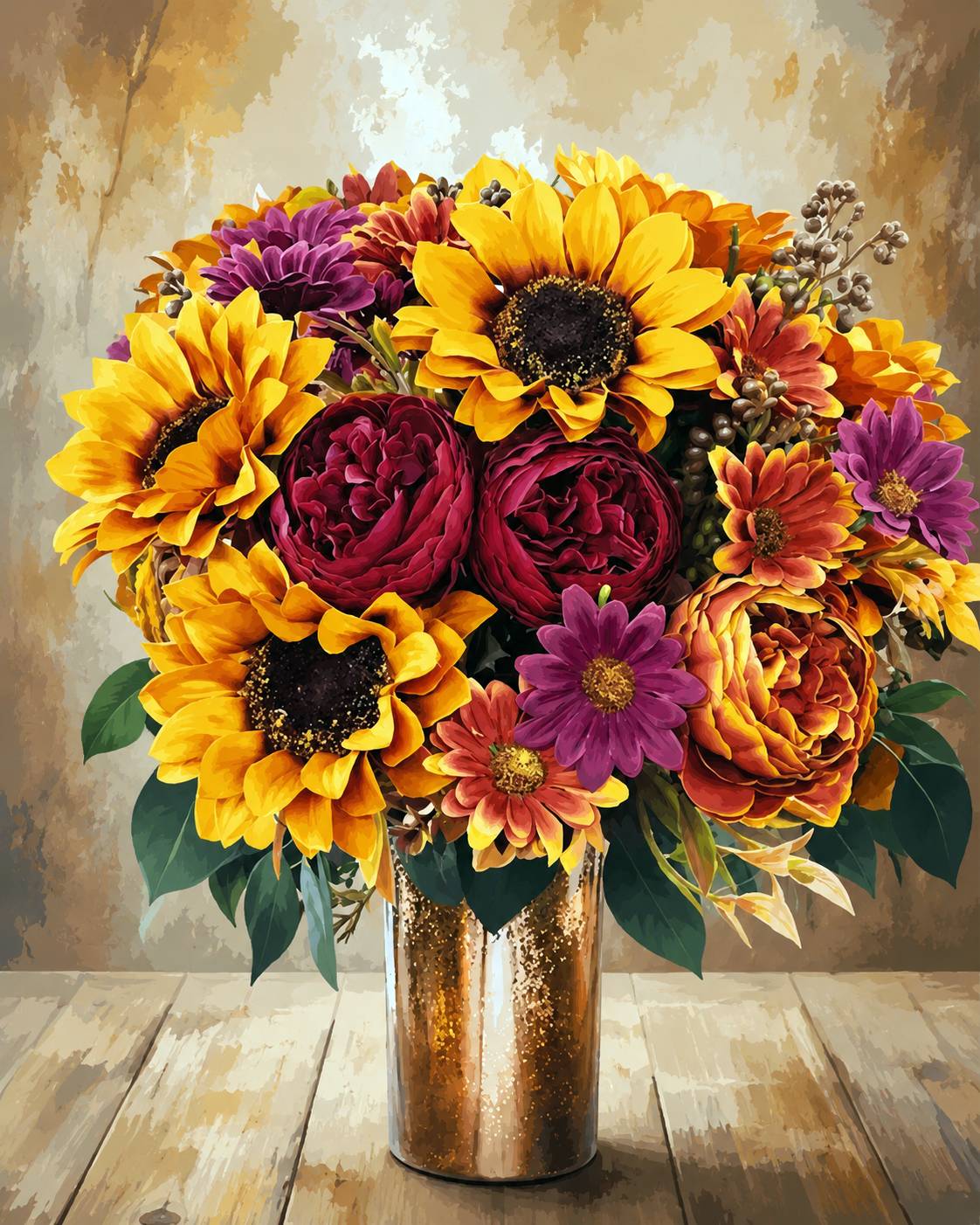 A vibrant autumn floral arrangement featuring yellow sunflowers, deep burgundy peonies, purple daisies, and orange chrysanthemums in a metallic copper vase, set against a rustic textured background. Vase Full of Flowers - Diamond Painting