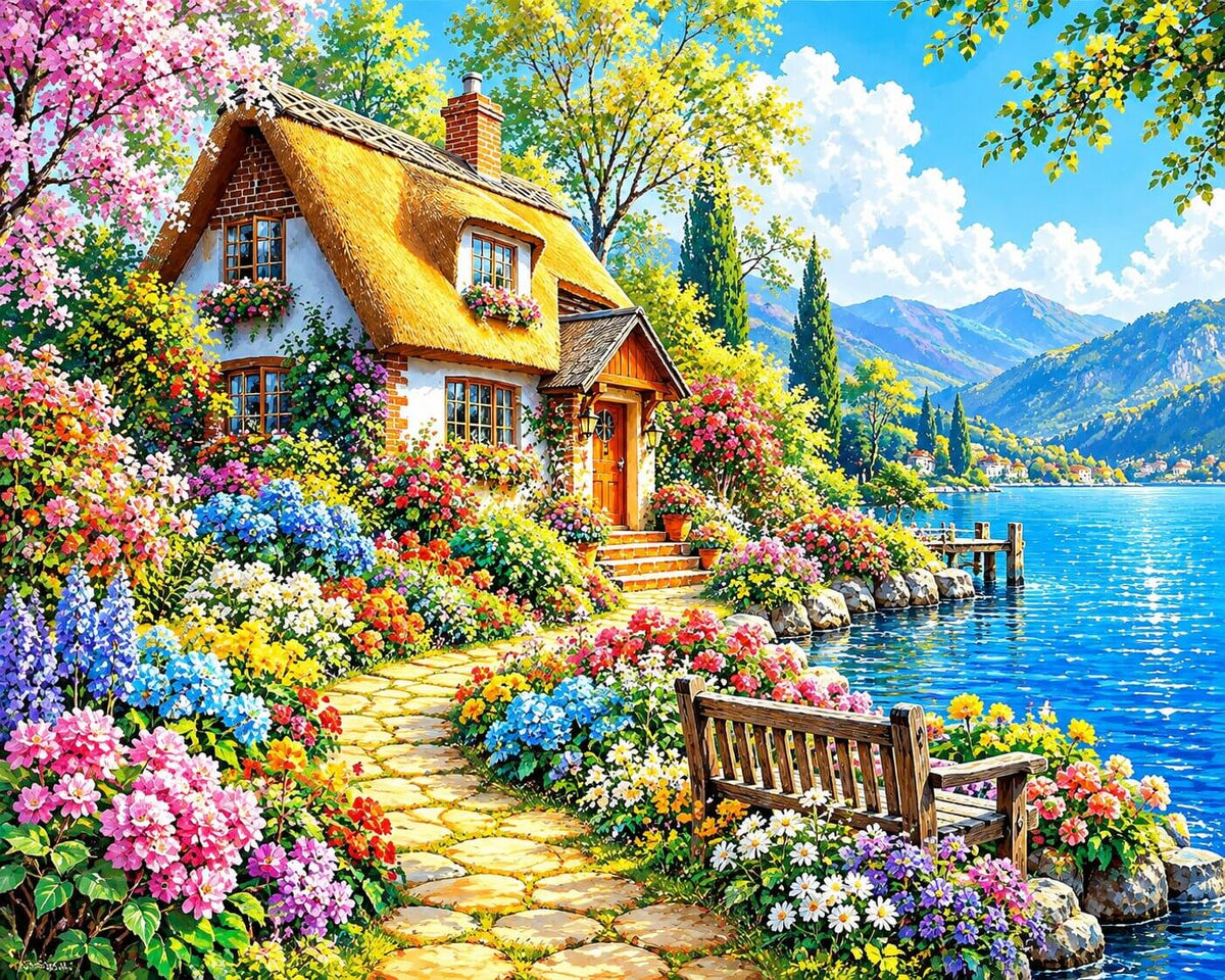 A vibrant, colorful painting of a cottage by a lake, with a stone path winding through lush flower gardens to a wooden bench, under a bright blue sky with mountains in the background. Village House by Lake - Diamond Painting