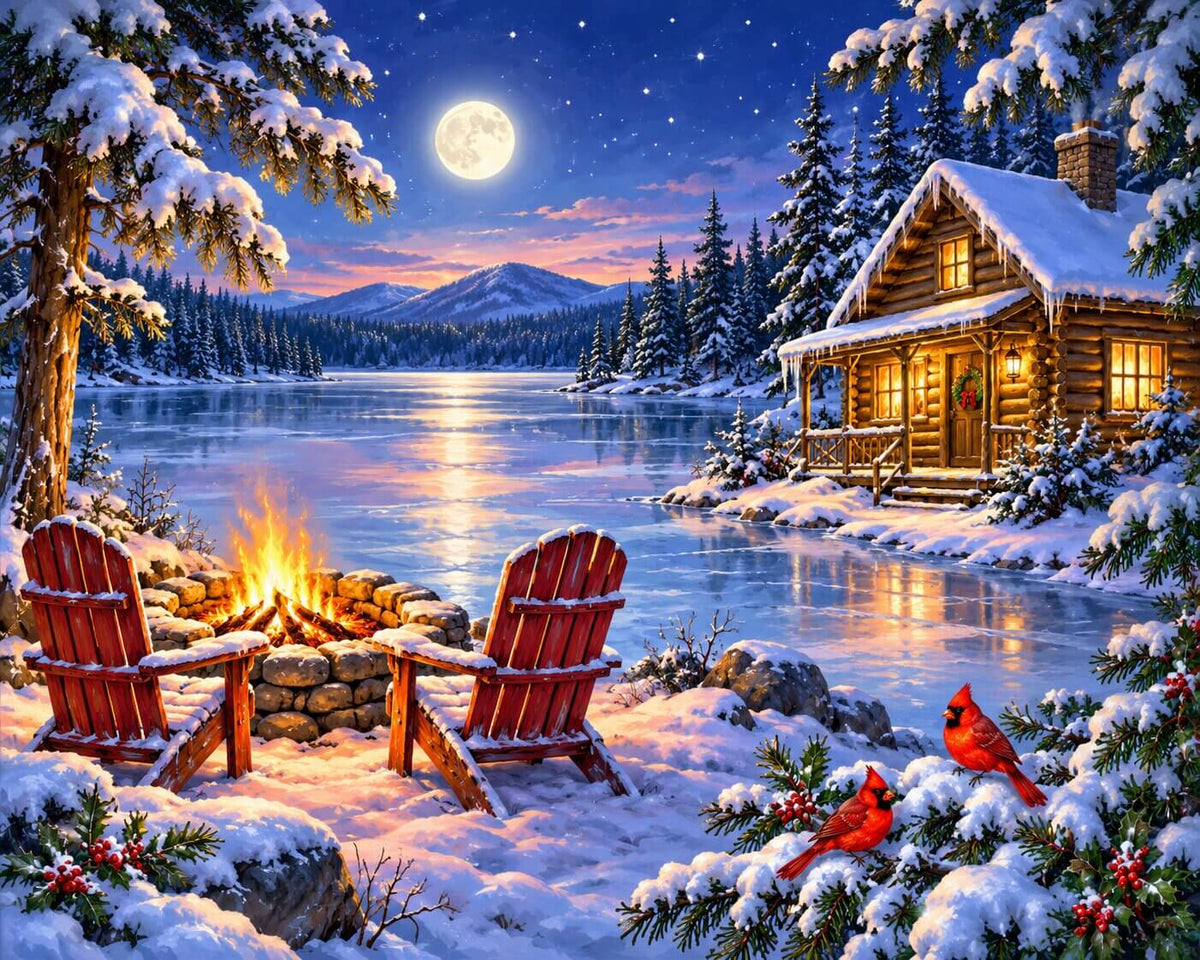A snowy winter lakeside scene at night with a log cabin, two red Adirondack chairs by a fire, evergreen trees, mountains in the distance, and a bright full moon in the sky. Red cardinals are visible in the foreground. Winter Mountain Lake - Diamond Painting