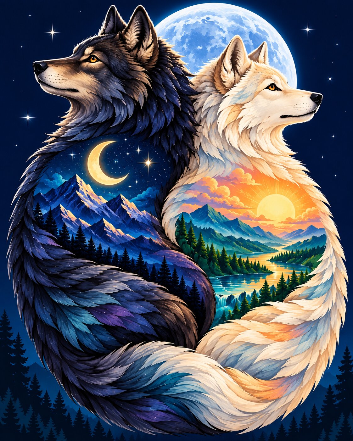 A stylized digital artwork showing two wolves facing each other, one dark blue/black with a night-sky and mountain scene inside, and one cream/white with a sunset and lake scene inside. A large moon and starry night sky fill the background. Wolf Couple - Diamond painting