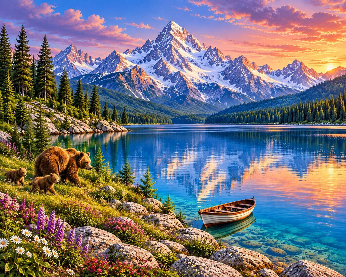A vivid landscape artwork showing a mountain range with snow-capped peaks, a bright blue alpine lake, evergreen trees, flowers, a brown bear with two cubs on the shore, and a small rowboat near the water's edge. Wonderful Lake - Diamond Painting