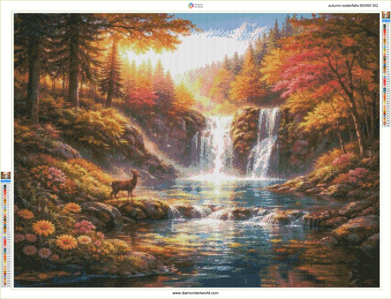 Scenic landscape with a deer by a waterfall in a forest. Autumn Waterfalls - Diamond Art Layout