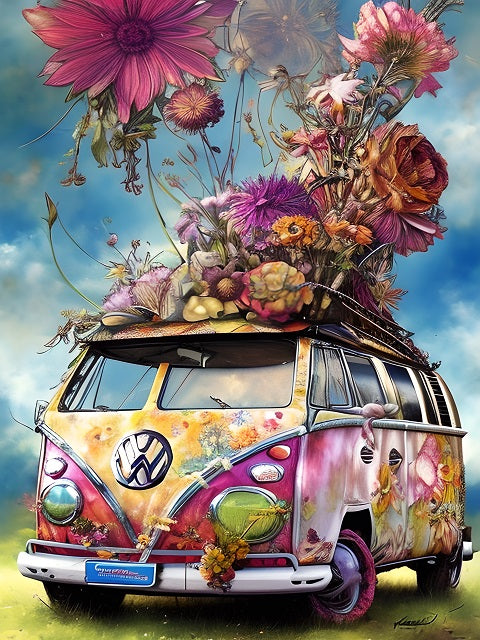 A colorful psychedelic art print of a vintage Volkswagen camper van covered in oversized flowers, set against a blue sky with clouds. Blossoming Bus - Diamond Painting