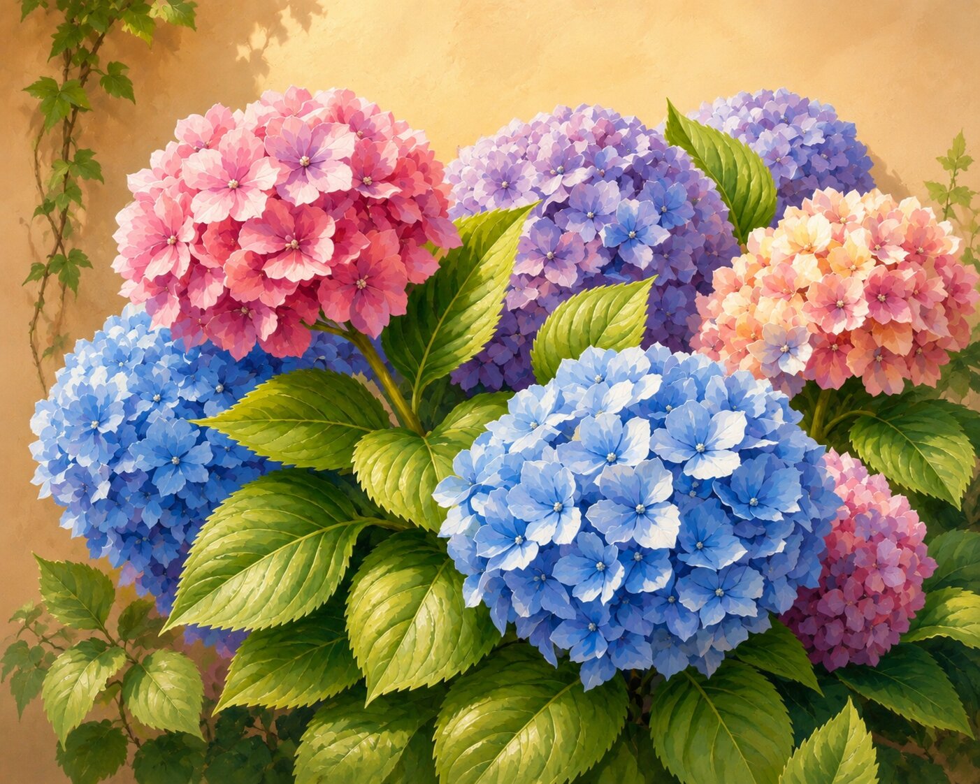A close-up floral artwork showing clusters of hydrangea blooms in pink, blue, and lavender with green leaves against a warm beige background. Blossoming Hydrangeas - Diamond Painting