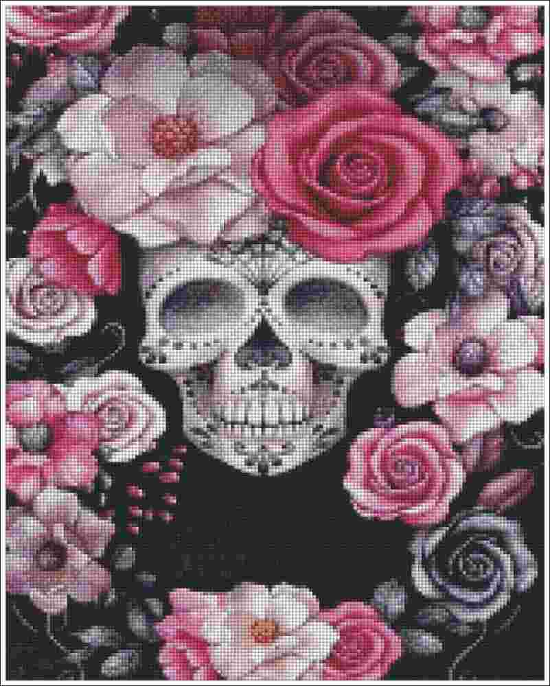 A floral and skull artwork featuring a central white decorative skull surrounded by large pink, white, and purple roses on a black background. Boho Skull and Roses - Diamond Art