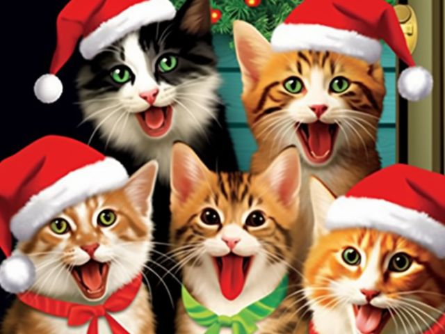 Five cats wearing red Santa hats and festive collars, posed together in a holiday-themed illustration. Christmas Cats - Diamond Painting