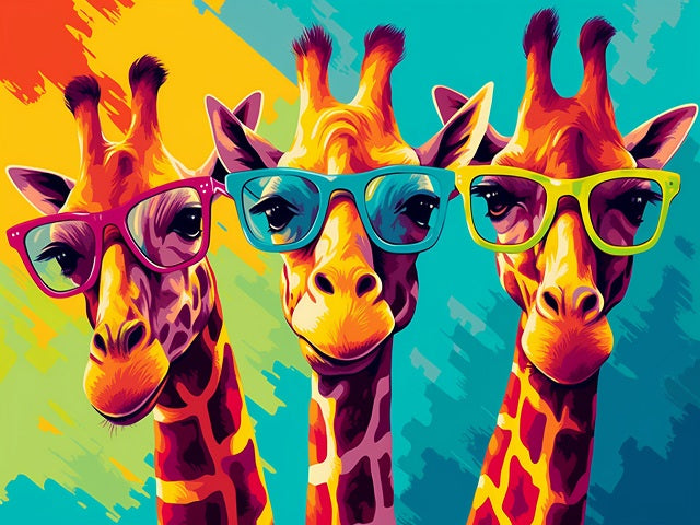 Vibrant pop art illustration of three giraffes wearing colorful sunglasses, set against a bold abstract background of yellow, orange, and teal. Cool Giraffes - Diamond Painting