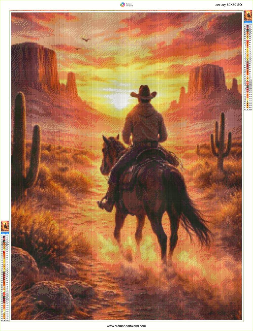 Cowboy on horseback in a desert landscape with cacti and mountains at sunset. Cowboy Diamond Painting Layout