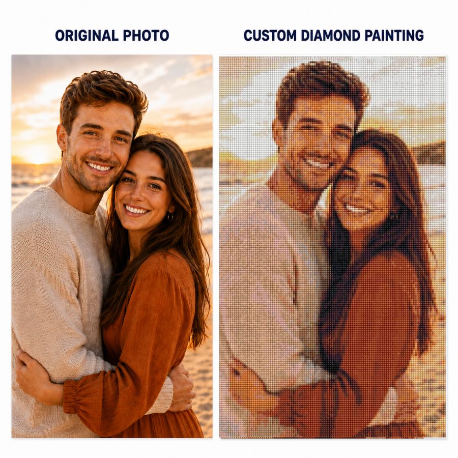 comparison of real photo transformed into diamond painting