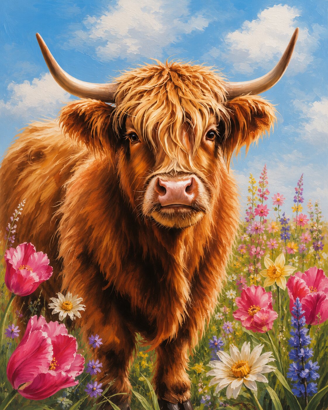 A stylized painting of a fluffy Highland cow standing in a flower field under a blue sky with clouds. Pink, purple, yellow, and white flowers surround the cow, which has long curved horns and shaggy golden-brown fur. Cute Highland Cow - Diamond Painting