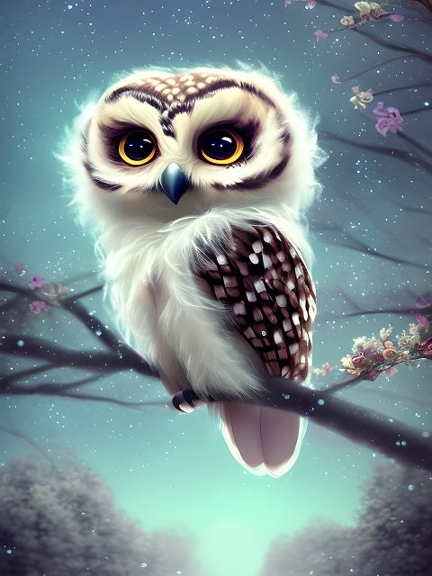A stylized digital illustration of a fluffy owl perched on a branch against a dreamy blue night-sky background with blossoms and small stars. Cute Owl on Cherry Tree - Diamond Painting