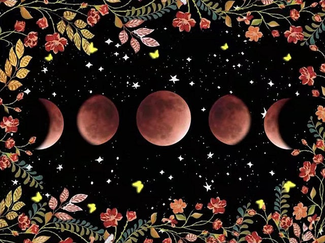 A decorative celestial print featuring a moon phase sequence across a black starry sky, framed by floral and leafy borders in warm red, orange, and gold tones. Cycle of the Moon - Diamond Painting