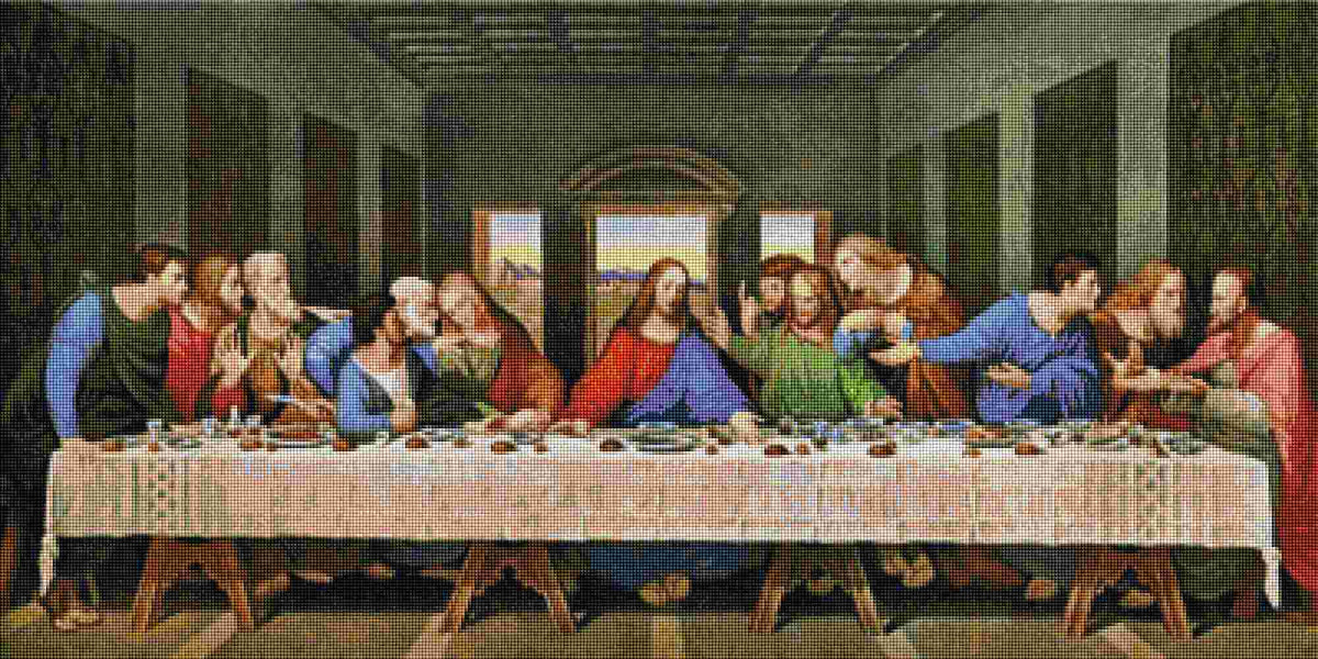 Reproduction of 'The Last Supper' with figures around a table. Leonardo Last Supper - Diamond Painting Kit