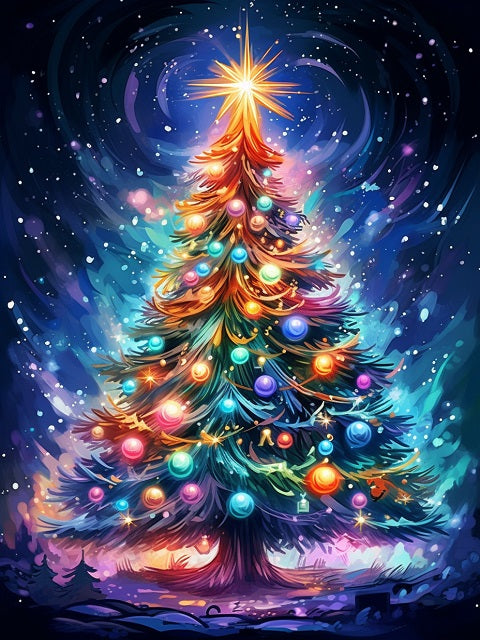 A vibrant, stylized Christmas tree glowing with multicolored lights and ornaments against a swirling cosmic night sky with stars and nebulae. Dazzling Christmas Dream - AB Diamond Painting