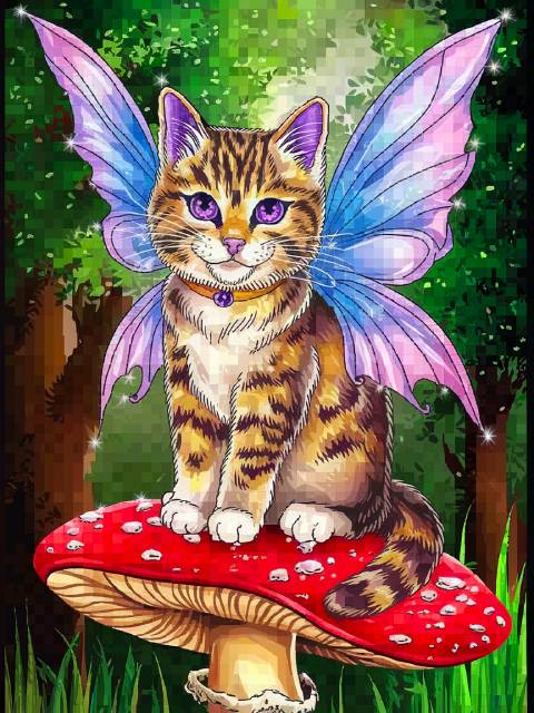 A whimsical illustration of a tabby kitten with purple eyes and large pink-purple fairy wings, sitting on a red mushroom in a green forest setting. Fairy Kitty - Diamond Painting