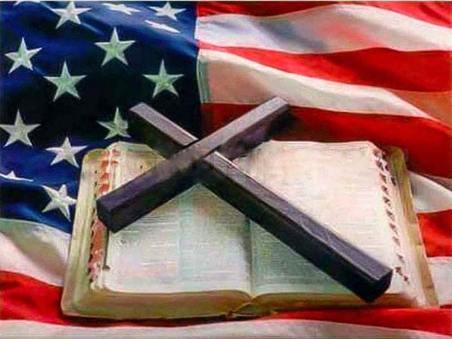 Open Bible with a crucifix on an American flag. In God We Trust - Diamond Art