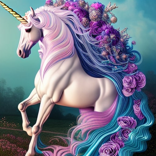 A fantasy unicorn with a cream-white body, pastel pink and lavender mane, blue tail, and purple floral crown, set against a dreamy teal landscape. Majestic Unicorn with Flowery Mane - Diamond Painting