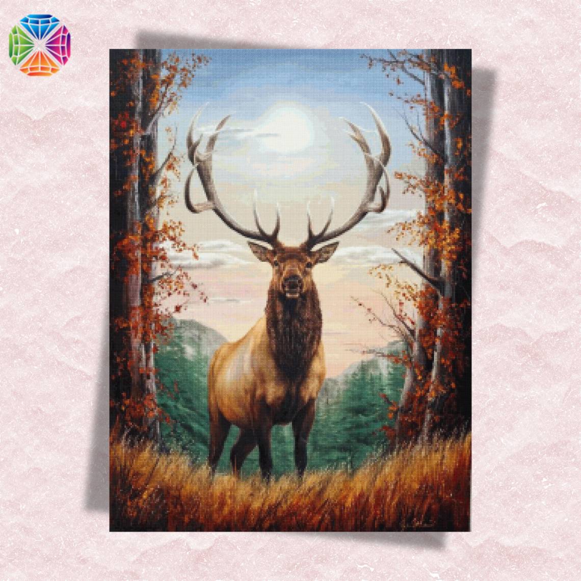 Elk diamond painting showing majestic elk standing in forest with mountains in background