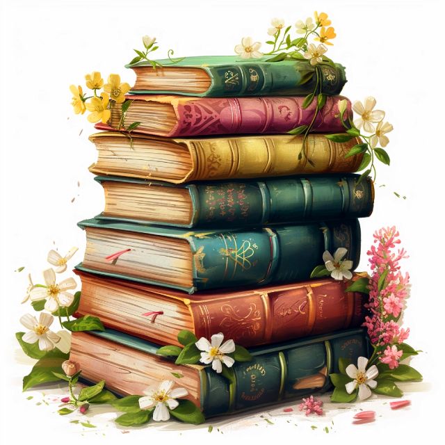 Stack of colorful books with flowers on a white background. Pile of Books - Diamond Painting