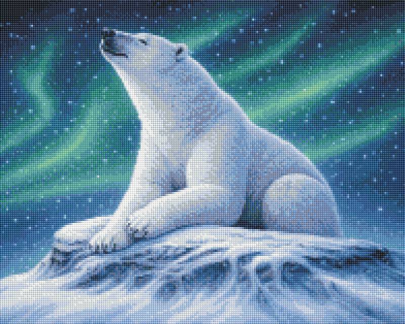 Polar bear on a rocky outcrop with a night sky and aurora borealis in the background. Polar Bear - Diamond Art