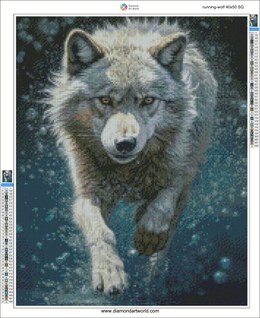 Diamond painting of a wolf running with a dark blue background. Running Wolf - Diamond painting layout