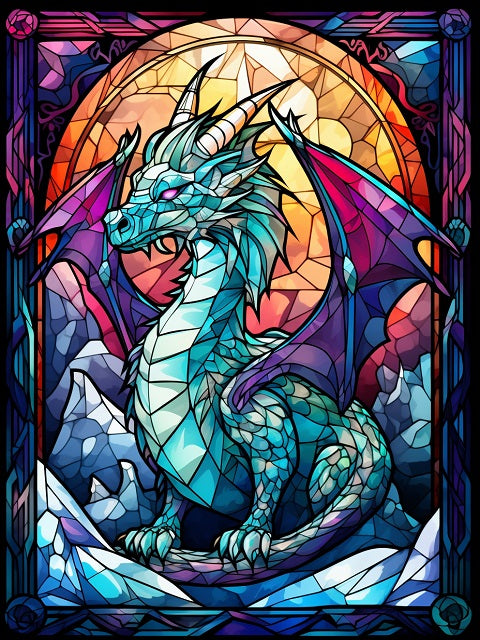 Stained glass style artwork of a blue dragon with purple wings, set against a warm orange and yellow circular background with icy blue foreground elements and an ornate decorative border. Stained Glass Dragon - AB Diamond Painting