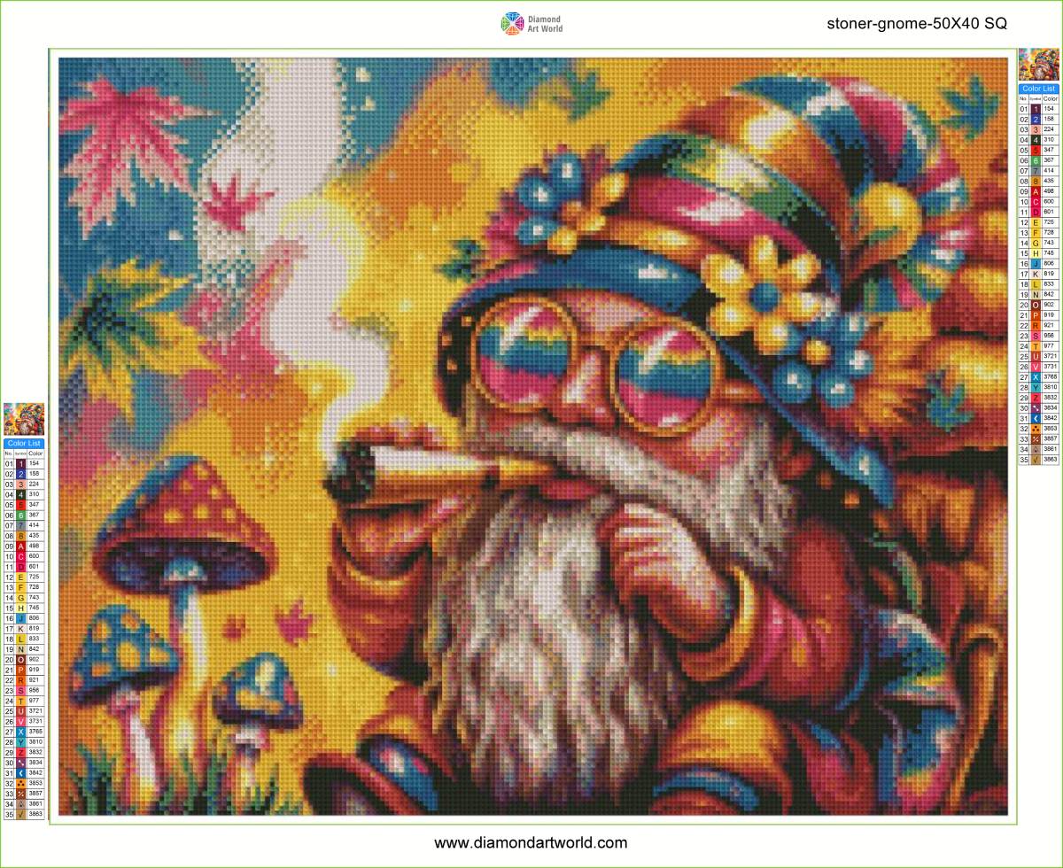 Colorful gnome smoking a pipe with mushrooms and flowers in the background, diamond painting design. Stoner Gnome - Diamond painting layout