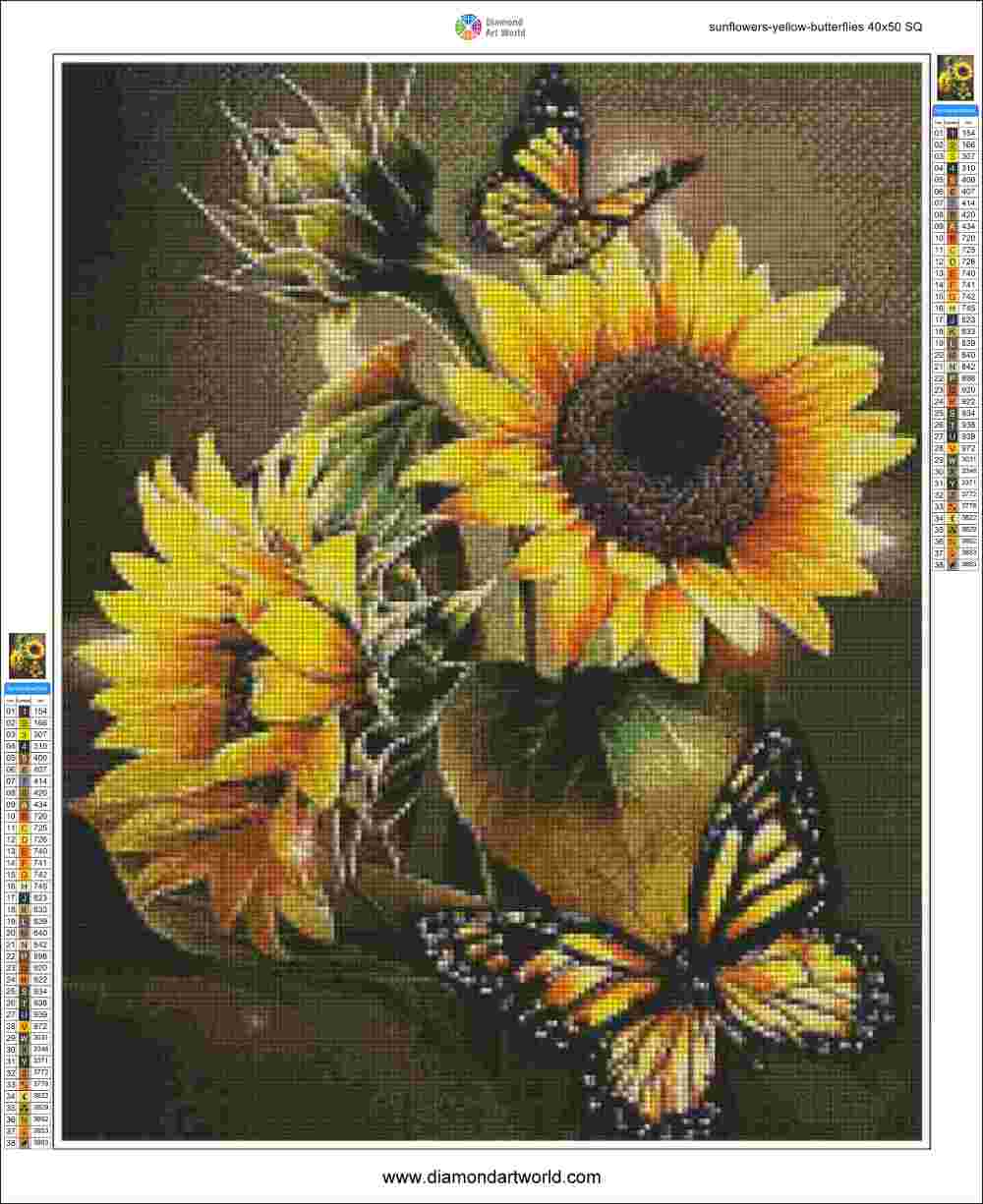 Sunflowers Yellow Butterflies - Diamond Painting Layout