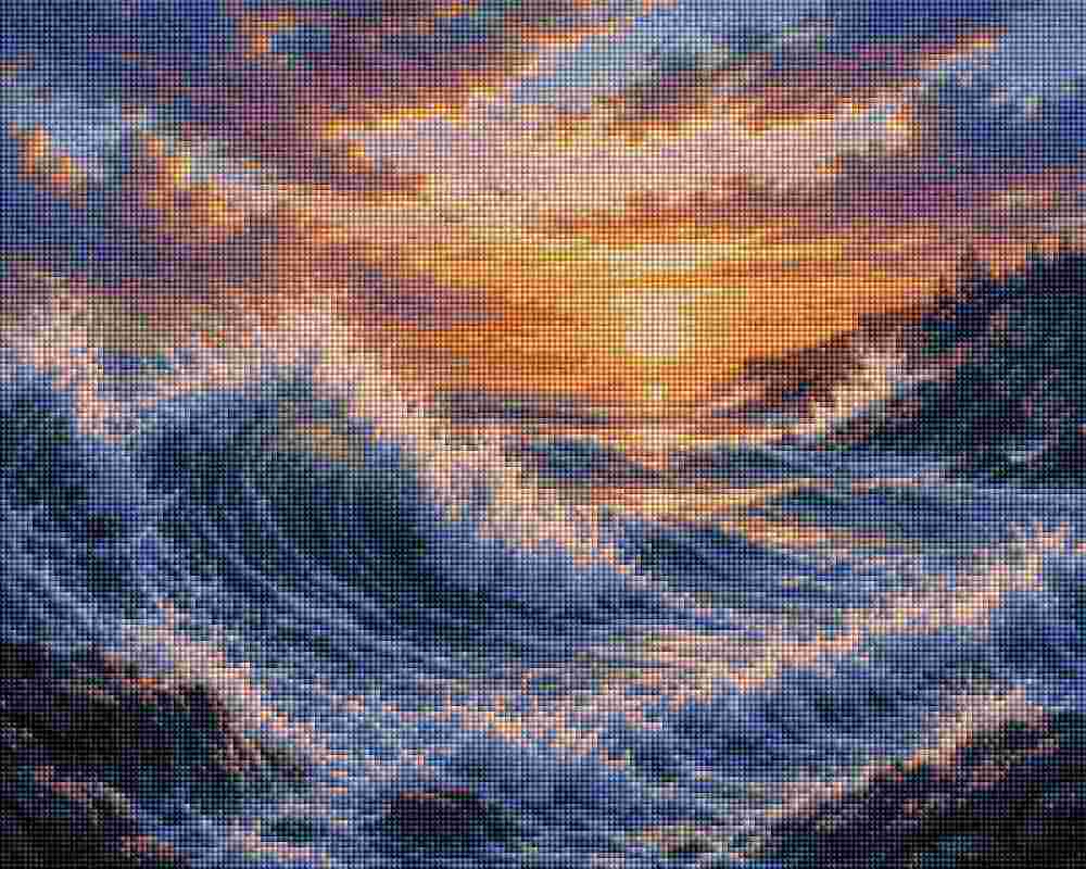 Al painting of a dramatic ocean wave breaking at sunset, with glowing orange and yellow light in the sky, blue water, and dark rocky shoreline. Wild waves - Diamond art
