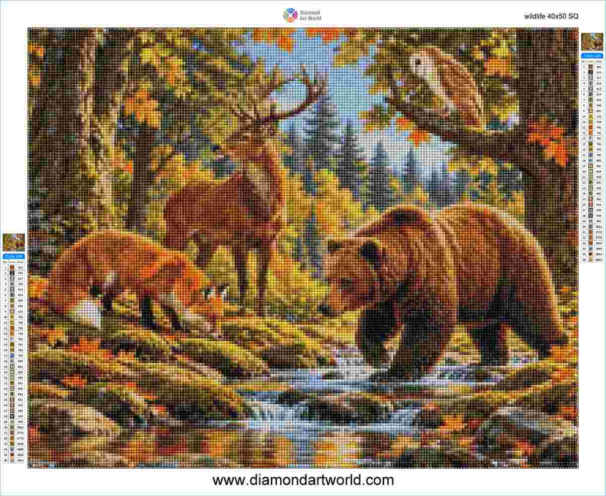 Wildlife diamond painting kit pattern featuring a brown bear, deer, fox, and owl in an autumn forest with a stream, shown with brand labels and color swatches on the sides. Wildlife - Diamond Painting Layout
