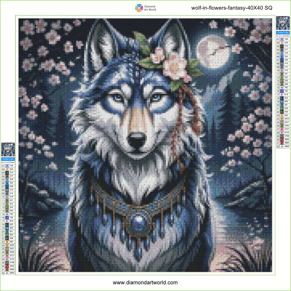 Wolf with floral headband and moonlit background, diamond painting style. Wolf in flowers fantasy - Diamond painting layout