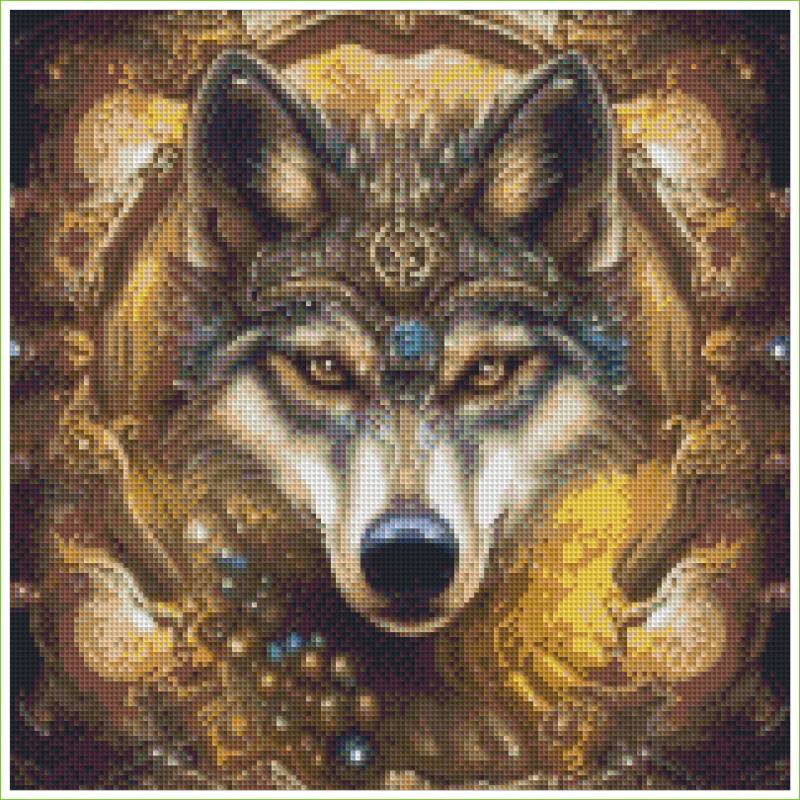 Wolf's face with decorative elements and a warm background. Wolf of an Indian King - Diamond art