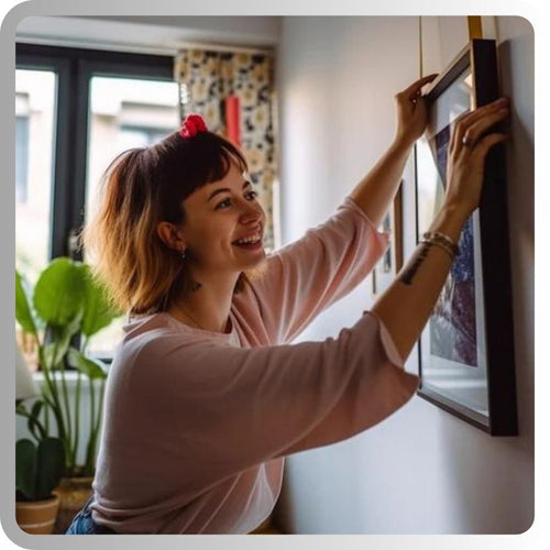 girl hanging a framed diamond painting