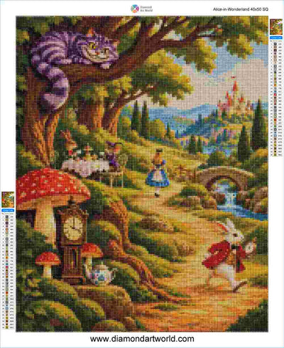 Alice in Wonderland diamond sheet by Diamond Art World, featuring the Cheshire Cat, Alice, the White Rabbit, the Tea Party, a large clock, red mushrooms, and a castle in the distance on a printed canvas layout.