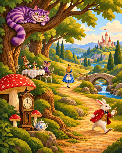 A colorful illustrated forest scene with the Cheshire Cat lounging in a tree, Alice in a blue dress walking along a path, the White Rabbit in a red coat with a pocket watch, a mushroom table with tea, a large clock, and a castle in the distance. Alice in Wonderland - Diamond Painting