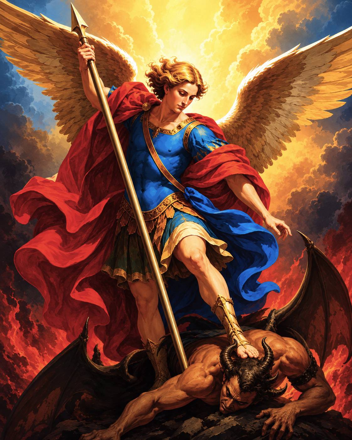 A dramatic fantasy artwork showing a winged archangel Michael in a blue robe and red cape standing over a defeated horned demon, with a bright golden sky and fiery clouds behind them. Archangel Michael - Diamond Painting