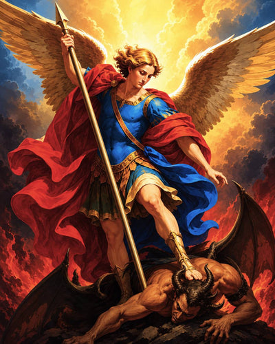 A dramatic fantasy artwork showing a winged archangel Michael in a blue robe and red cape standing over a defeated horned demon, with a bright golden sky and fiery clouds behind them. Archangel Michael - Diamond Painting