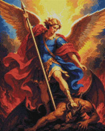 A colorful religious artwork showing a winged angel in a blue robe and red cloak stepping on a demon, with a bright yellow and orange sky behind it. Archangel Michael  Diamond Art