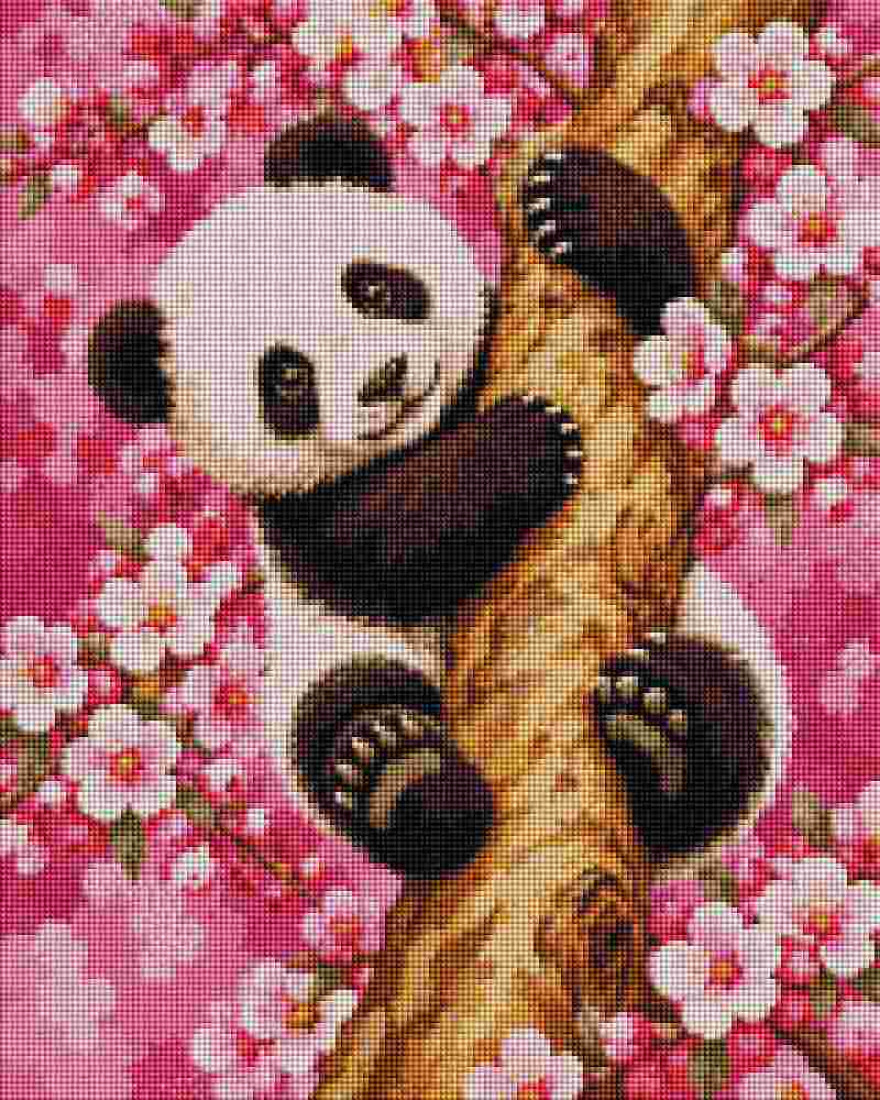 A needlepoint canvas featuring a cute panda bear climbing a tree trunk surrounded by pink and white cherry blossoms. Baby Panda - Diamond Painting