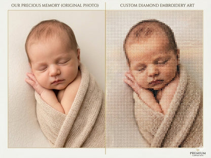 Comparison of a newborn baby photo with a custom diamond embroidery art version. Custom diamond painting - Diamond art world