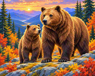 A colorful landscape artwork showing two brown bears standing on rocky ground with autumn trees, mountains, and a glowing sunset in the background. Bears in Mountains - Diamond Painting