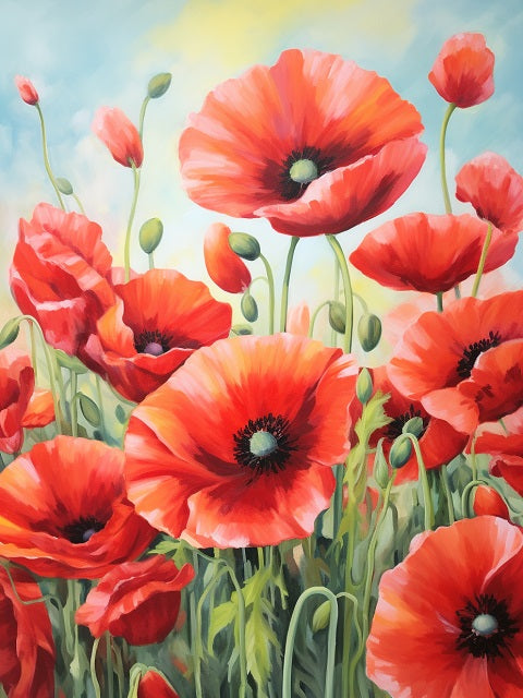 Red poppy diamond painting with vibrant flowers and soft blue sky background