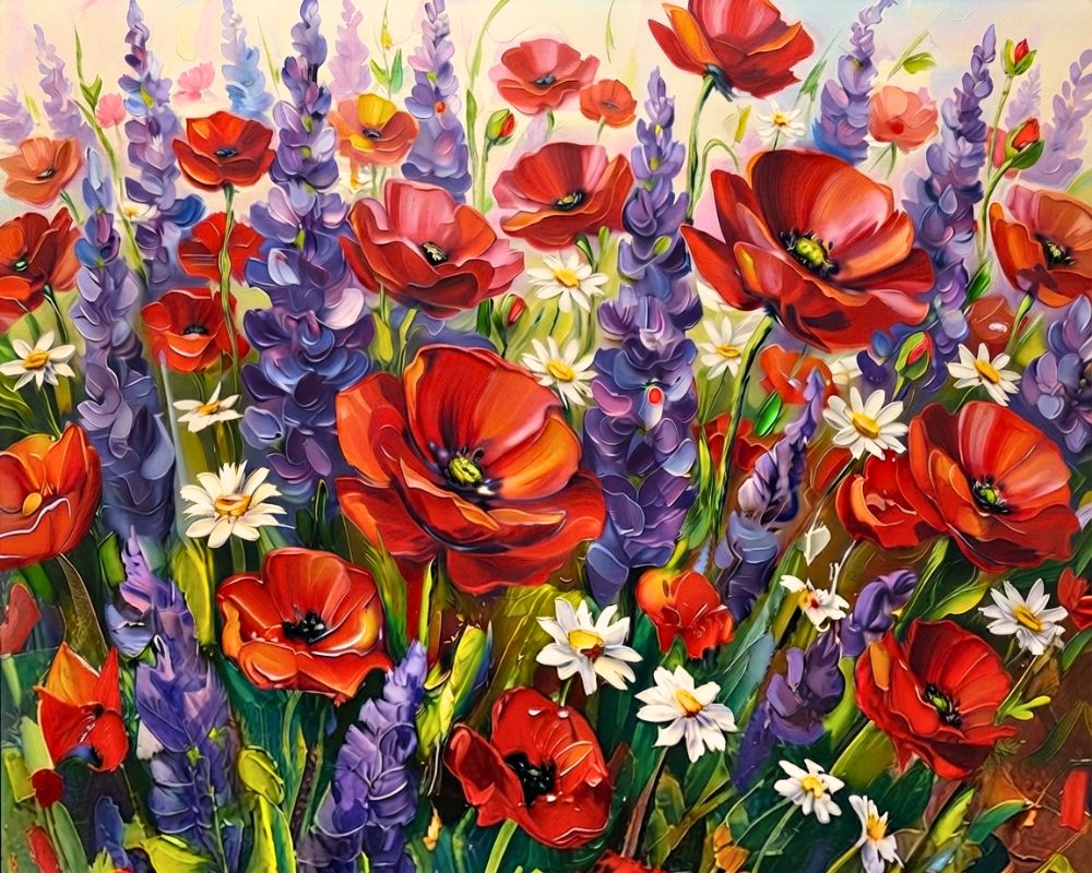 A vibrant floral painting filled with red poppies, purple lupins, and small white daisies among green stems, set against a pale cream sky. Beautiful Poppy Flowers - Diamond Painting