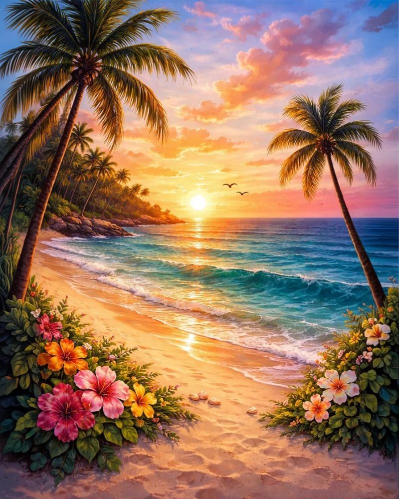 Beach scene with palm trees, flowers, and a colorful sunset. Bay Sunset - Diamond Painting